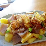 じゃが芋蒟蒻枝豆鰹節春雨炒め煮